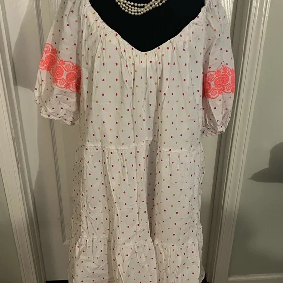 LOFT White Knee-Length Dress with Orange Pink Yellow Dots, Lace Accents NWOT XL - Picture 1 of 5